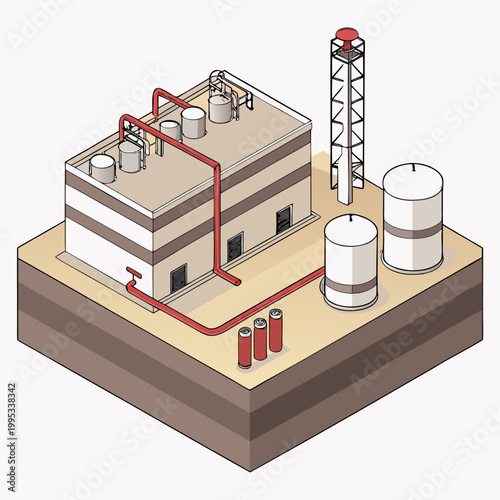 An isometric illustration depicts an industrial facility with connected tanks pipes and cylindrical structures on a brown base high quality professional detailed
