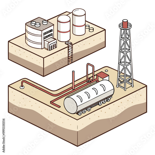 An isometric illustration depicts an industrial complex featuring storage tanks pipelines and a derrick structure above ground high quality professional detailed modern