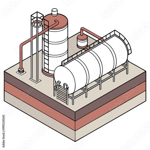 An isometric illustration depicts a complex industrial setup with several cylindrical storage tanks and connecting pipelines high quality professional detailed modern elegant