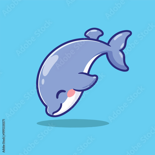 Adorable Kawaii Dolphin Character Leaping in the Air with Smiling Face, Cute Ocean Animal Mascot in Action Pose, Sea Life Cartoon Clipart Sticker