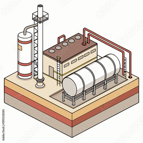 An isometric illustration depicts an industrial complex with storage tanks pipelines and a chimney suggesting oil or chemical processing high quality professional