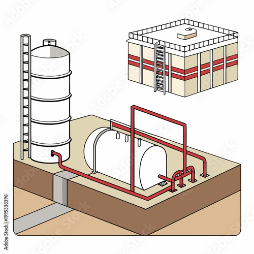 An illustrative depiction showcases various industrial storage tanks including cylindrical and rectangular forms connected by red piping systems high quality professional detailed