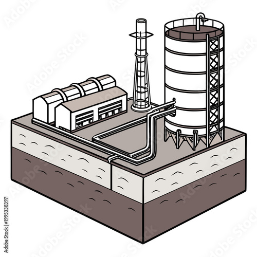 An illustrative depiction showcases an industrial complex with cylindrical tanks a building and connecting pipelines on a textured base high quality professional