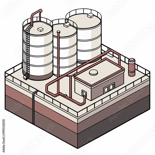 An isometric illustration depicts an industrial complex featuring large cylindrical storage tanks and a control building high quality professional detailed modern elegant
