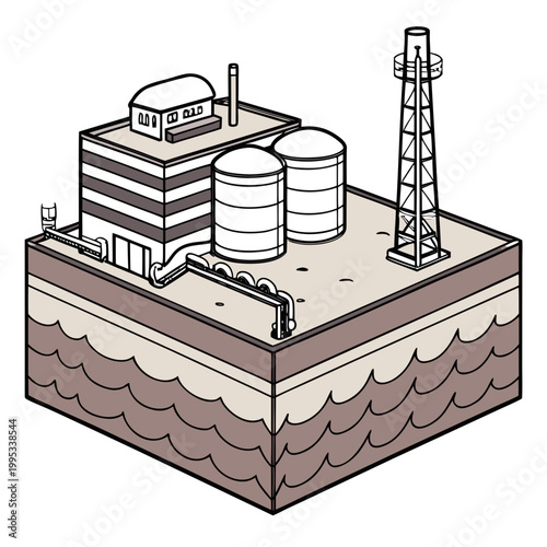 An isometric illustration depicts an industrial complex with storage tanks a building and a tower situated above layered ground high quality professional