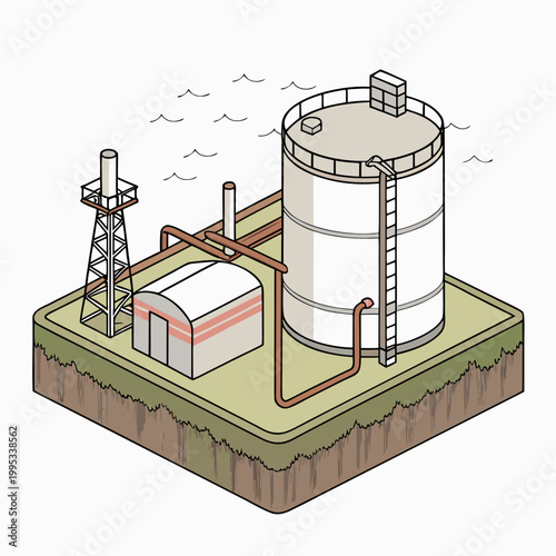 An isometric illustration depicts an industrial complex featuring a large storage tank a smaller tower and a shed like building high quality