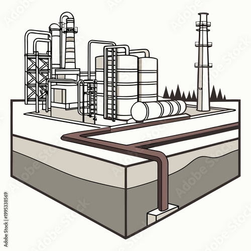 An illustrative diagram depicts an industrial complex featuring refinery towers storage tanks and pipelines set against a geological cross section high quality