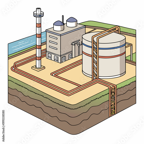 An illustrative isometric view depicts an industrial complex with storage tanks a smokestack and connecting pipelines above ground high quality professional detailed
