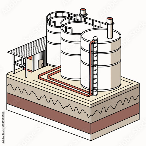 An illustrative depiction showcases large industrial storage tanks connected by red pipelines set upon layered earth formations high quality professional detailed modern