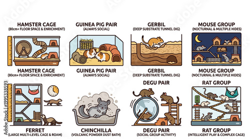Small pet habitat infographic showing housing needs for hamsters guinea pigs rats and rodents