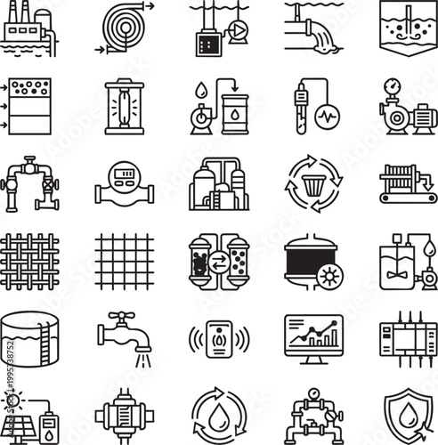 Desalination and Water Treatment Line Icons Set, Reverse Osmosis Filtration Clean Water Minimal Black Outline Vector Icons