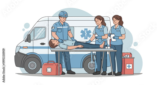 Emergency responders treat a patient on a stretcher outside an ambulance at scene.