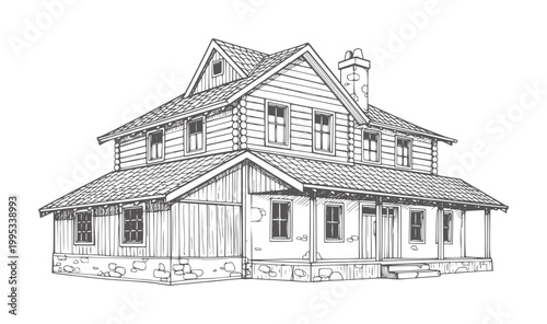 Of a Two Story Log Cabin with Stone Foundation and Porch house architecture building