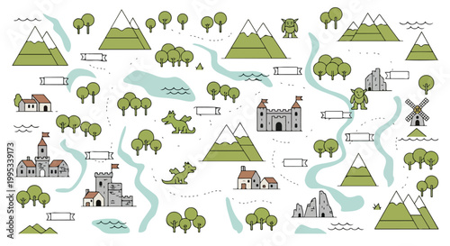 Fantasy world map creator kit, medieval kingdom vector elements with castles and dragons, adventure game landscape icons for storytelling and worldbuilding