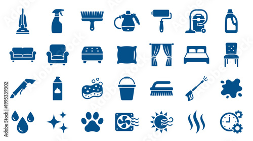 Collection of blue cleaning and home care icons representing household chores, hygiene, and comfort for domestic services and professional cleaning businesses