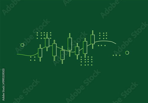 Financial Market Analysis Candlestick Chart Illustrating Volatility and Trends on a Dark green Background