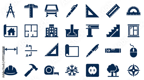 Collection of architectural and construction icons representing design planning tools blueprints building elements and measuring instruments for engineering and architecture projects