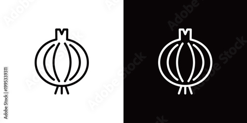玉ねぎのラインアイコン。白い線と黒い線のモノクロベクターイラストセット