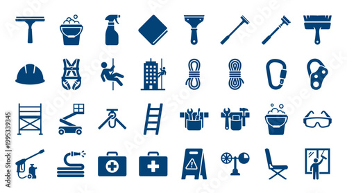 Foto Collection of professional cleaning and maintenance tools and equipment icons fo