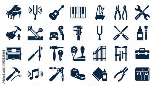 Collection of musical instrument repair tools and accessories, symbolizing craftsmanship and musical maintenance, presented in a clean, organized grid format.