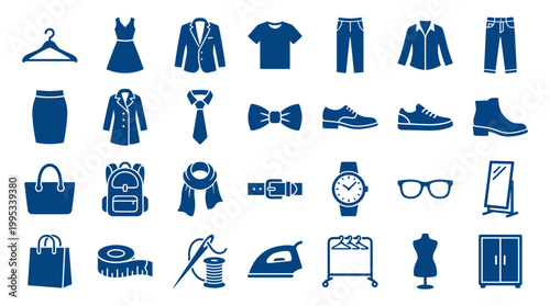 Collection of clothing and fashion accessories icons representing style and wardrobe essentials for men and women