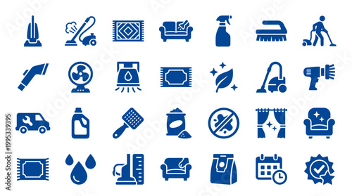 Collection of blue cleaning and vacuuming icons representing household chores and professional services for home and carpet care