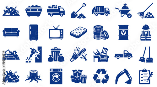 Collection of icons representing waste management and removal services including garbage trucks, dumpsters, recycling symbols, and construction debris.