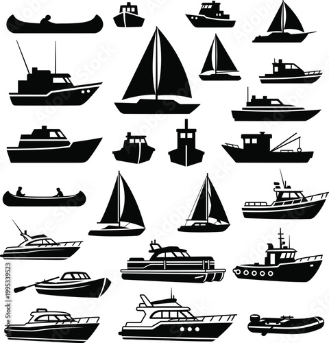 Set of various boats and ships silhouettes including sailboats canoes motorboats with fishing boat