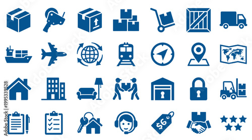 Logistics and delivery service icons representing shipping, transportation, warehousing, and global trade with a focus on efficiency and connectivity