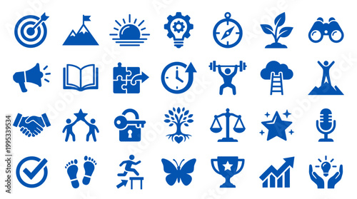Collection of blue business and success icons representing goals achievement growth strategy and teamwork on a white background