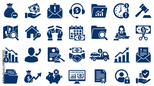 Collection of modern flat icons representing business finance and legal concepts in dark blue color on white background