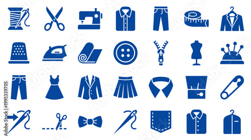 Collection of sewing and tailoring icons representing clothing design and fashion creation with sewing machine scissors thread and fabric symbols