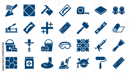 Collection of blue tiling and construction tools and materials icons for renovation and home improvement projects