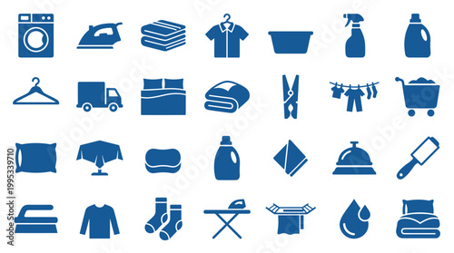 Collection of blue laundry and cleaning icons representing household chores and services like washing ironing and housekeeping on white background