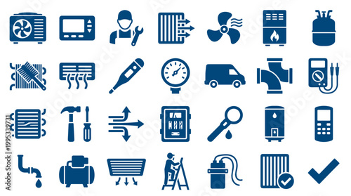 HVAC repair and maintenance icons set for air conditioning heating ventilation system service and installation