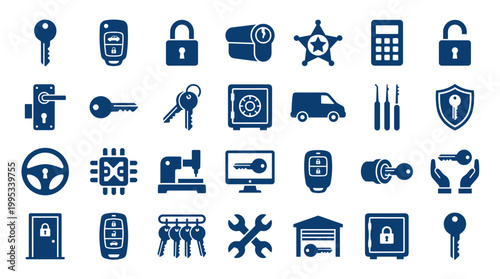 Collection of security and access icons representing keys locks safes doors vehicles and technology for protection and access control concepts