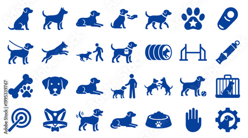 Collection of dog training icons and symbols representing obedience agility and pet care activities with blue silhouettes on white background