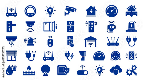 Smart Home Technology Icons Set Featuring Security Automation and Connectivity Devices for Modern Living