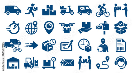 Logistics and delivery icons set representing shipping services, transportation, and global commerce with modern technology and services