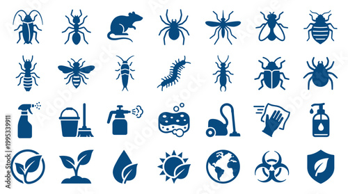 Pest control and cleaning icons set for extermination services and household hygiene solutions