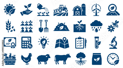 Agriculture icons set representing farming technology, crop cultivation, livestock, and sustainable practices for modern agribusiness and food production