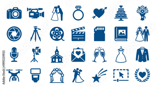 Collection of wedding and event icons representing photography videography celebration and romance with a clean blue design on a white background