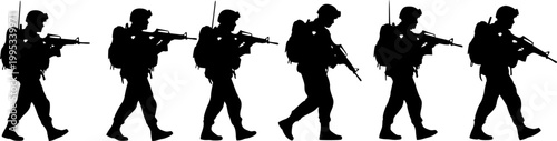 Editable vector foreground of silhouettes of walking soldiers on patrol with figures as separate elements
