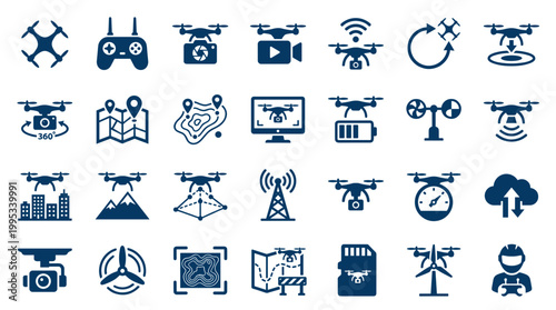 Drone technology icons set representing aerial photography videography navigation surveying and advanced drone applications
