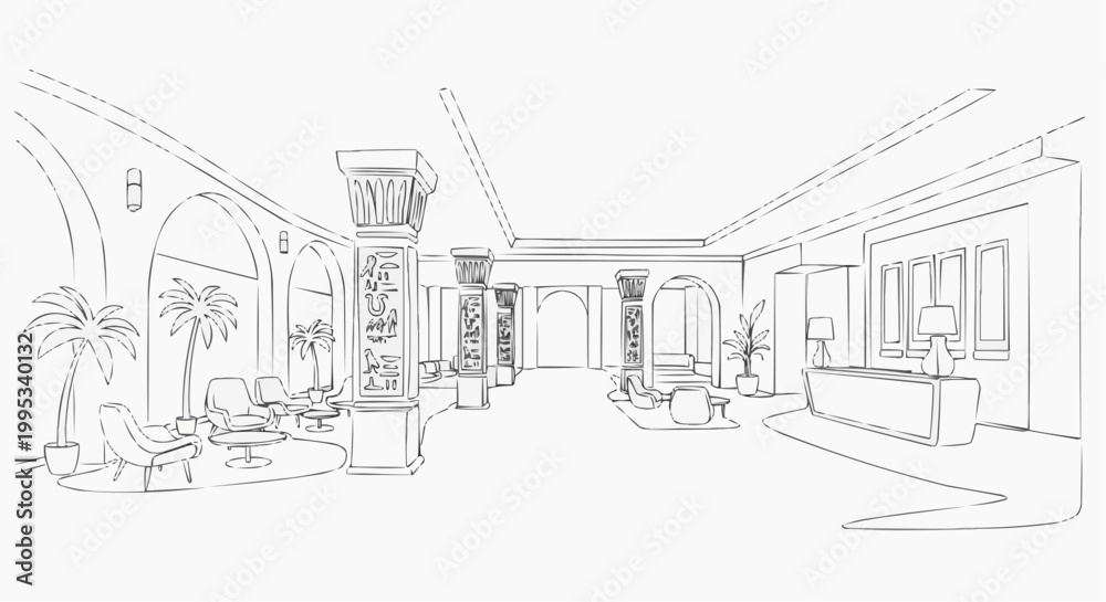 Naklejka premium Elegant sketched indoor perspective of a luxury reception hall with decorative columns and furnished seating areas. The architectural design features an open layout and a welcoming ambiance