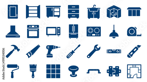 Collection of blue icons representing kitchen furniture appliances tools and home renovation elements for interior design and DIY projects