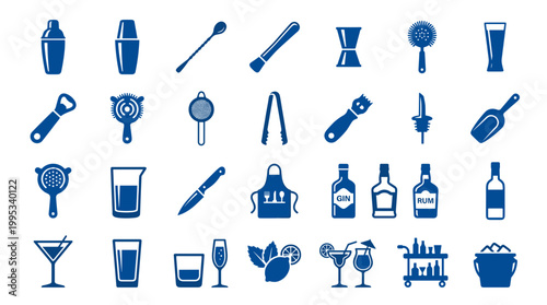 Collection of professional bar tools and cocktail ingredients for mixology and beverage preparation on a white background