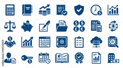 Financial business icons set for accounting finance management and investment concepts with blue color palette on white background