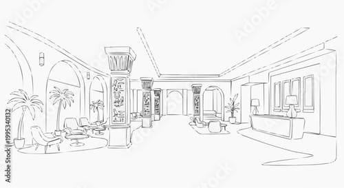 Elegant sketched indoor perspective of a luxury reception hall with decorative columns and furnished seating areas. The architectural design features an open layout and a welcoming ambiance