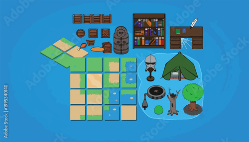 Medieval fantasy game assets vector set, isometric RPG map tiles and furniture icons, cartoon adventure world building elements for gaming